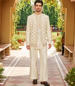 beige silk kurta jacket set with lattice embroidery