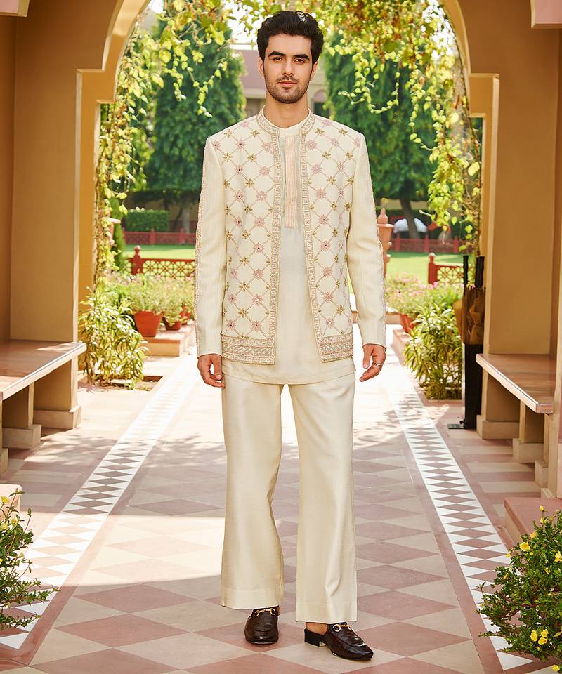 beige silk kurta jacket set with lattice embroidery