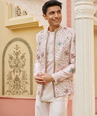 pink silk kurta jacket set with embroidered work 3