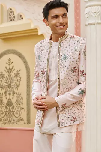 pink silk kurta jacket set with embroidered work