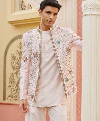 pink silk kurta jacket set with embroidered work 4