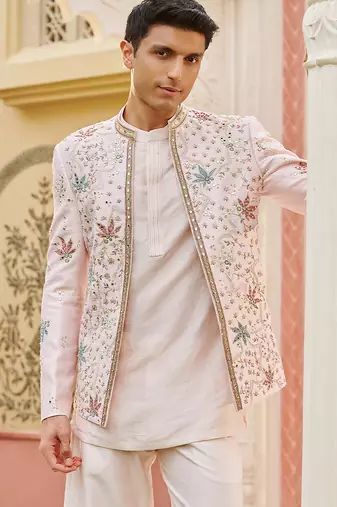 pink silk kurta jacket set with embroidered work