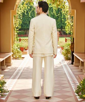 beige silk kurta jacket set with lattice embroidery 2