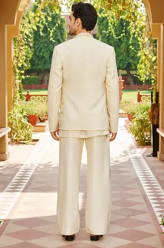 beige silk kurta jacket set with lattice embroidery