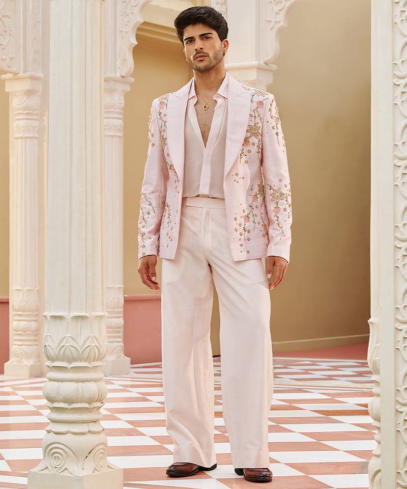 Pink embroidered silk three piece co ord set