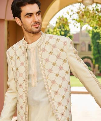 beige silk kurta jacket set with lattice embroidery 3