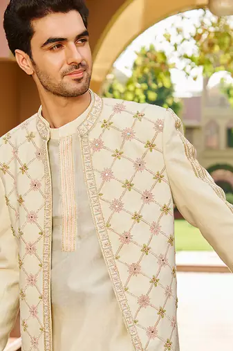 beige silk kurta jacket set with lattice embroidery