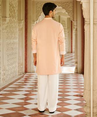 peach silk mens kurta set with embroidery work 2