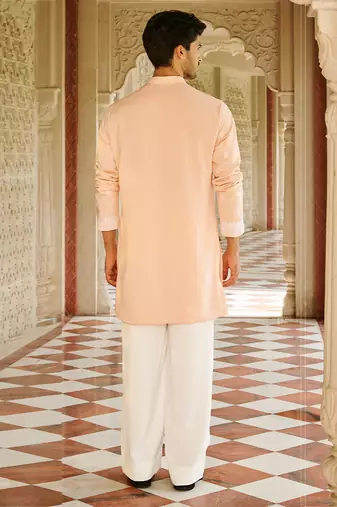 peach silk mens kurta set with embroidery work