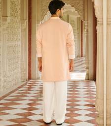 peach silk mens kurta set with embroidery work