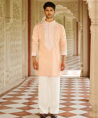 peach silk mens kurta set with embroidery work 1