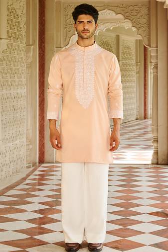 peach silk mens kurta set with embroidery work