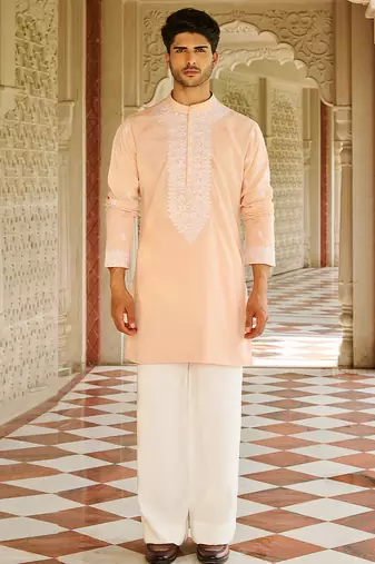 peach silk mens kurta set with embroidery work