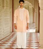peach silk mens kurta set with embroidery work