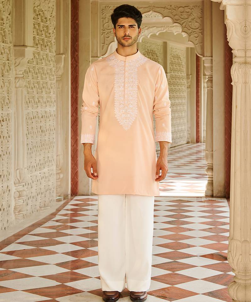 peach silk mens kurta set with embroidery work