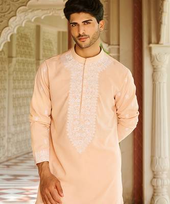 peach silk mens kurta set with embroidery work 3