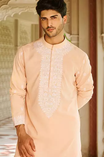 peach silk mens kurta set with embroidery work