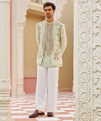 green silk kurta jacket set with embroidered floral work 1