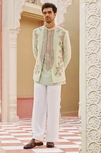 green silk kurta jacket set with embroidered floral work