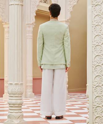 green silk kurta jacket set with embroidered floral work 2