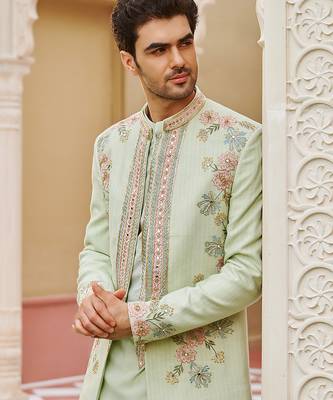 green silk kurta jacket set with embroidered floral work 3
