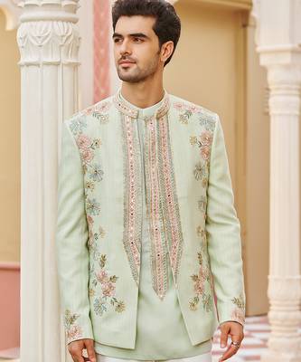 green silk kurta jacket set with embroidered floral work 4