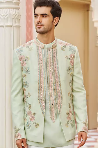 green silk kurta jacket set with embroidered floral work