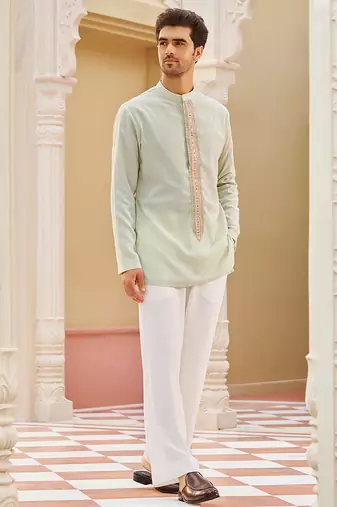 mint green silk mens kurta set with embroidered placket