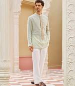 mint green silk mens kurta set with embroidered placket