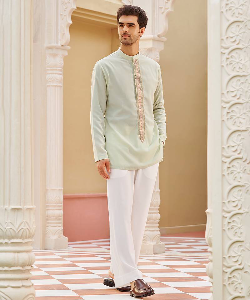 mint green silk mens kurta set with embroidered placket