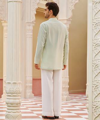 mint green silk mens kurta set with embroidered placket 2