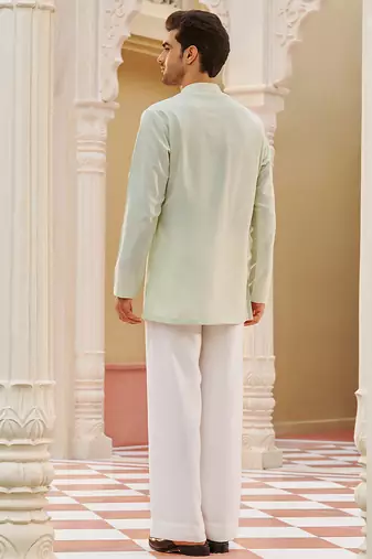 mint green silk mens kurta set with embroidered placket
