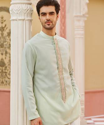 mint green silk mens kurta set with embroidered placket 3