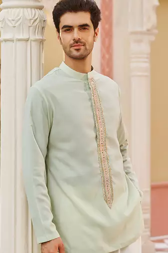 mint green silk mens kurta set with embroidered placket