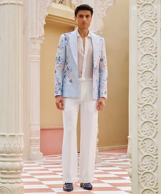 Powder blue embroidered silk three piece co ord set 1
