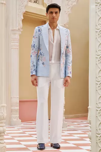 Powder blue embroidered silk three piece co ord set