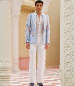 Powder blue embroidered silk three piece co ord set