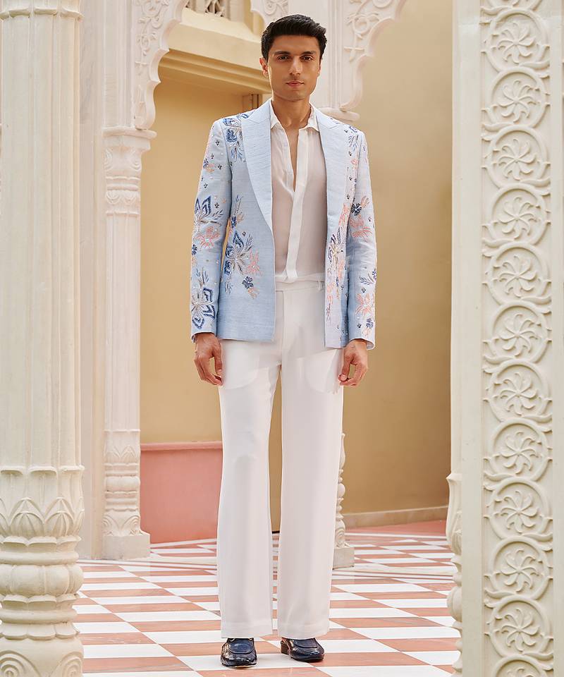 Powder blue embroidered silk three piece co ord set