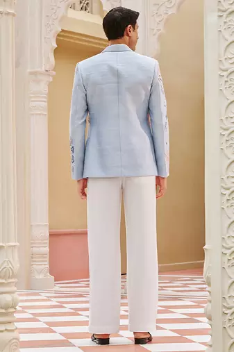 Powder blue embroidered silk three piece co ord set