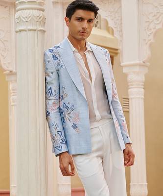 Powder blue embroidered silk three piece co ord set 3