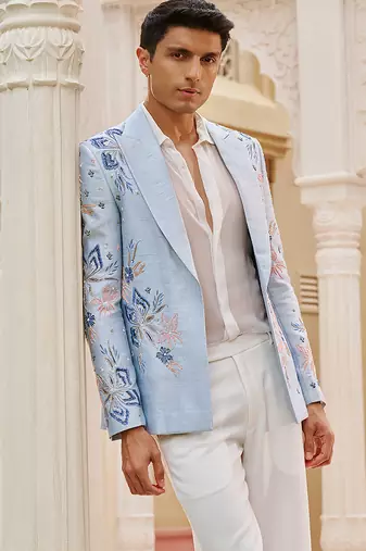Powder blue embroidered silk three piece co ord set