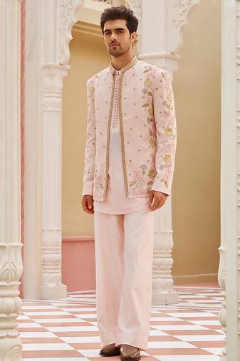 pink silk mens kurta jacket set with floral embroidery