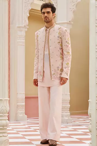pink silk mens kurta jacket set with floral embroidery