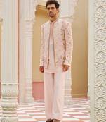 pink silk mens kurta jacket set with floral embroidery