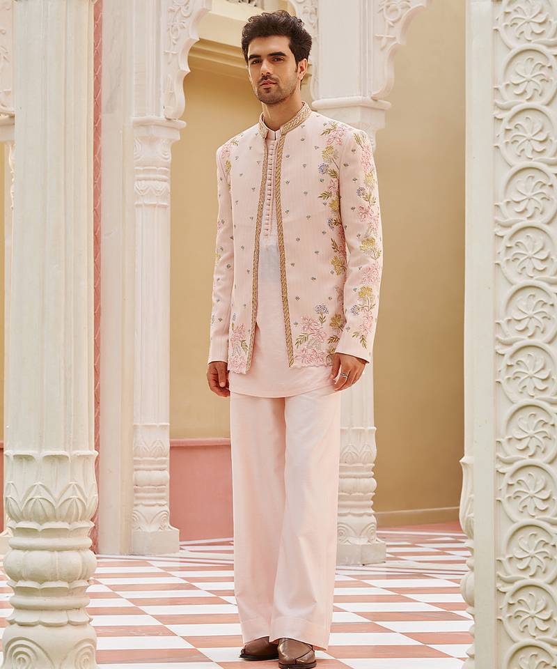 pink silk mens kurta jacket set with floral embroidery