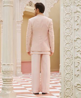 pink silk mens kurta jacket set with floral embroidery 2