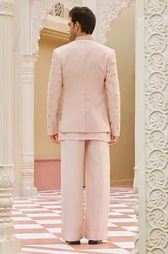 pink silk mens kurta jacket set with floral embroidery