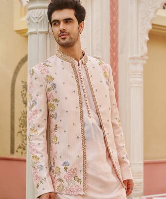 pink silk mens kurta jacket set with floral embroidery 3