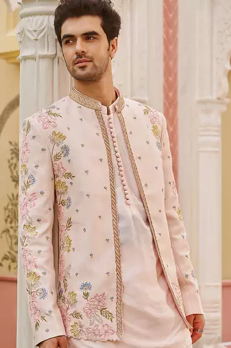 pink silk mens kurta jacket set with floral embroidery