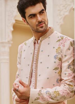 pink silk mens kurta jacket set with floral embroidery 4